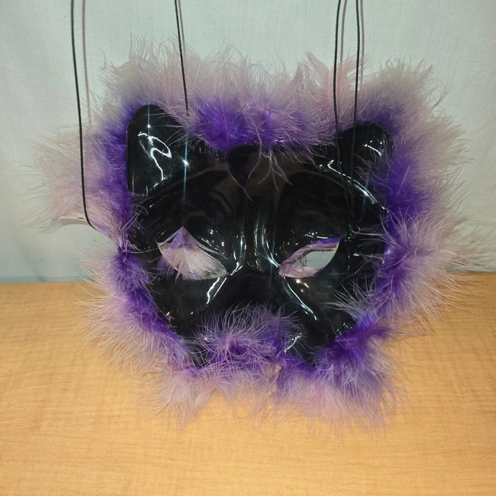 Marti‎ Gras Cat Kitten Purple Mask Vintage Handmade feathers whiskers